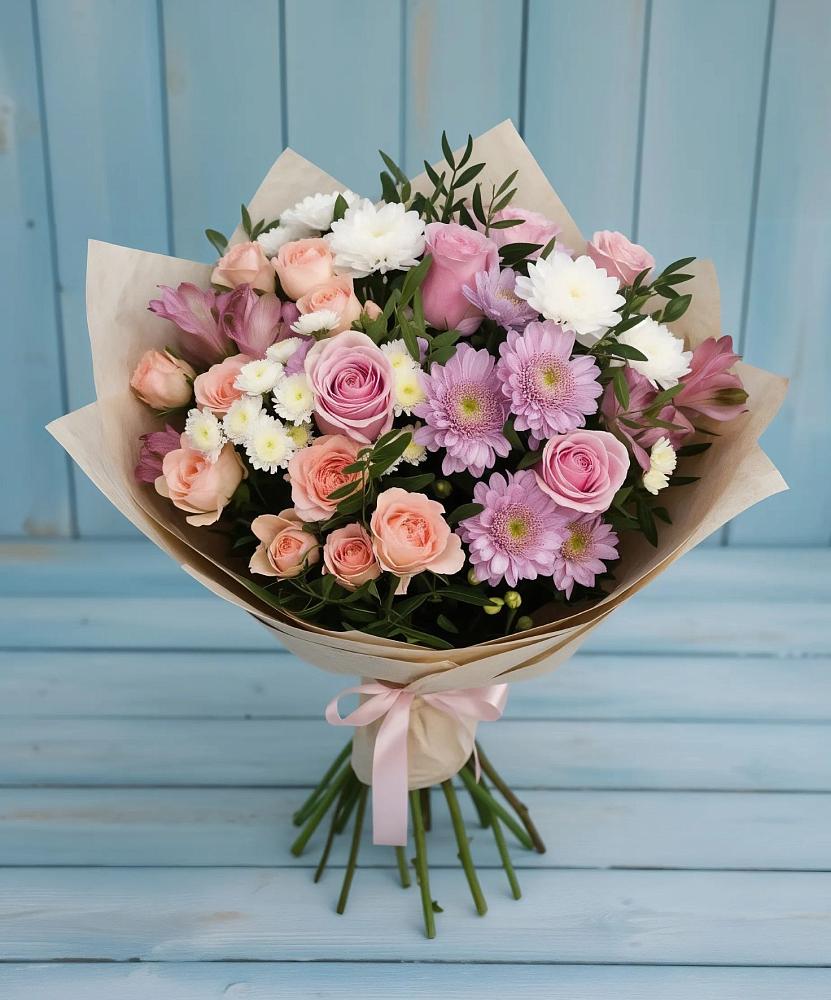 Букет цветов из: Хризантемы, Розы и Альстромерии в Ильинское (Домодедово) 