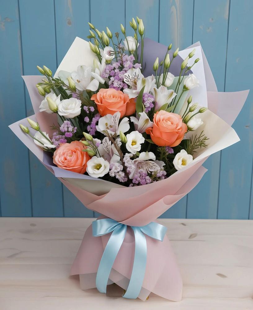 Букет цветов из: Лизиантусы, Розы, Альстромерии и Гипсофила в Ильинское (Домодедово) 