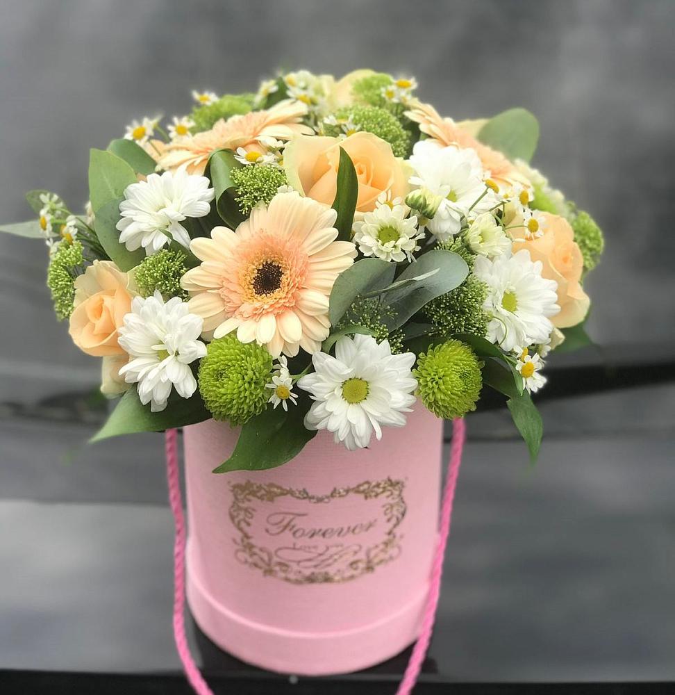 Цветочная композиция из Розы, Герберы и Хризантемы в шляпной коробке в Ильинское (Домодедово) 